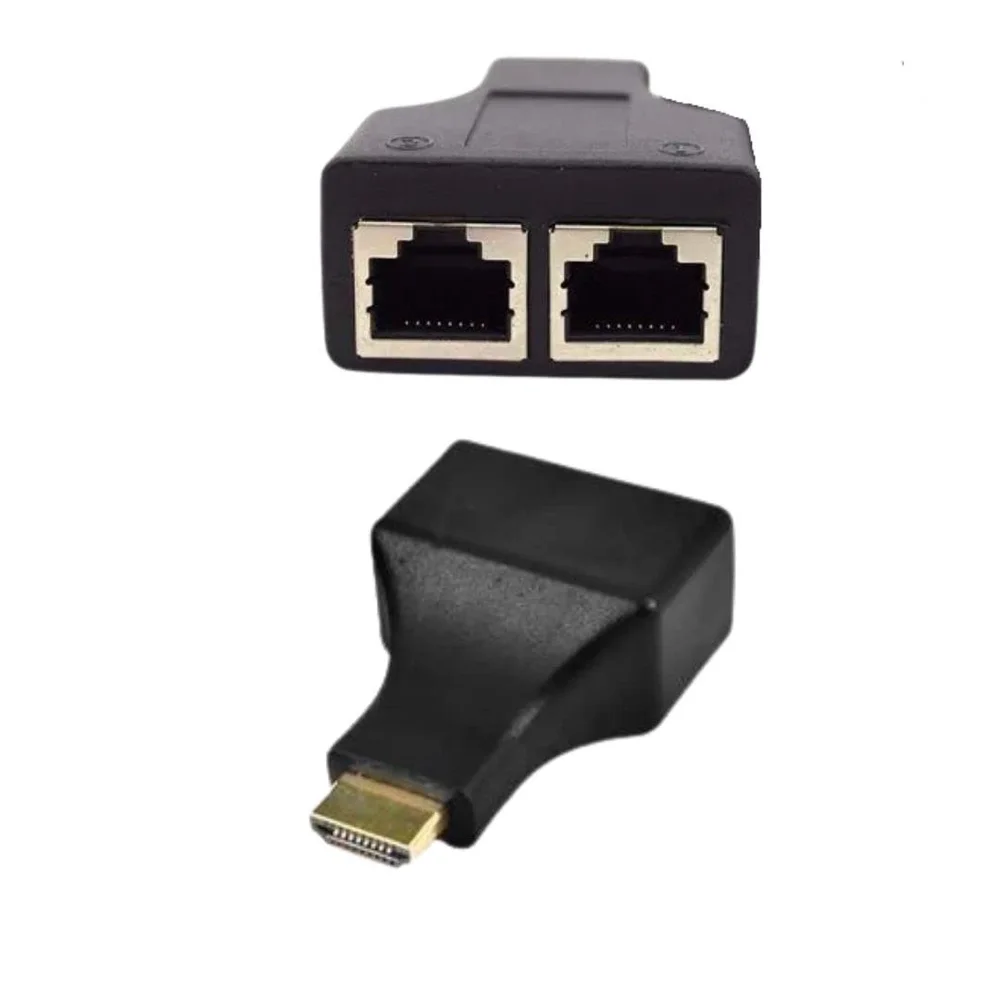 Adaptador Extensor HDMI 3D até 30 Metros com 2 Cabos de Rede RJ45 Cat5e/6 Alta Definição para Projetores TVs e Sistemas de Home