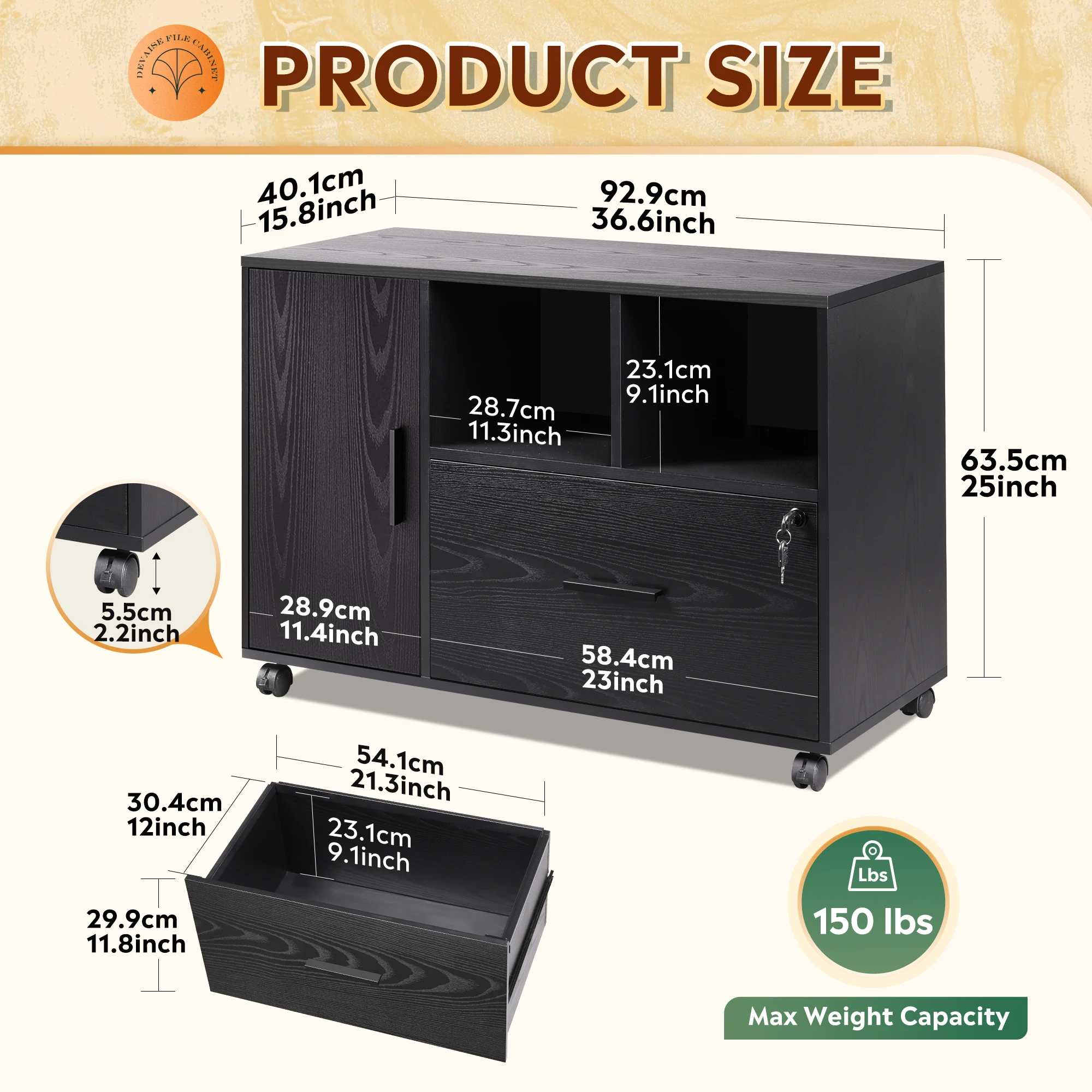 GALAXHERO مكتب قفل خزانة الملفات 1 درج الخشب الجانبي خزانة الملفات عجلات حامل الطابعة رفوف التخزين المفتوحة مكتب المنزل