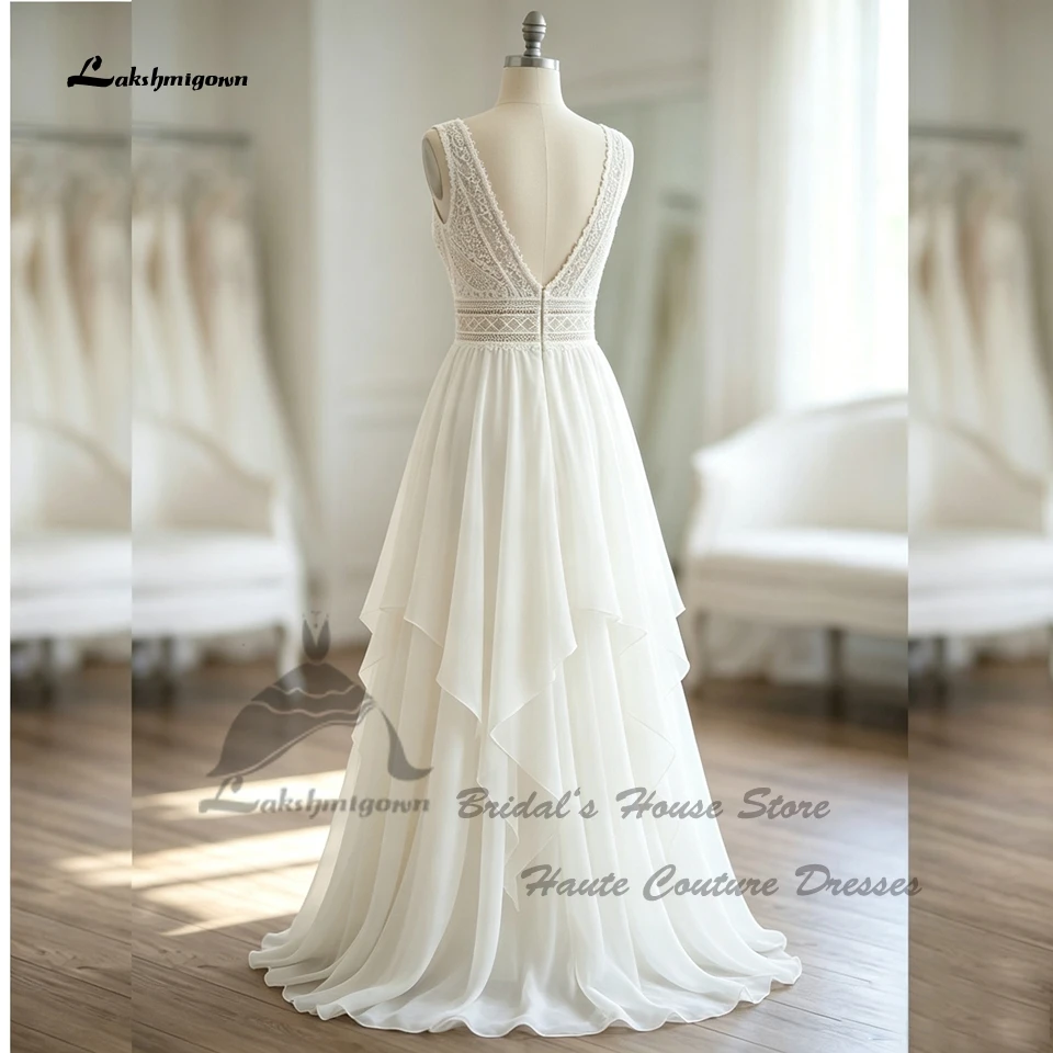 Lakshmigown Vintage Chiffon Strand-Hochzeitskleider 2027 Zivile Boho-Brautkleider mit Rüschen, V-Ausschnitt, Spitzenoberteil, Maßanfertigung – Detail 5