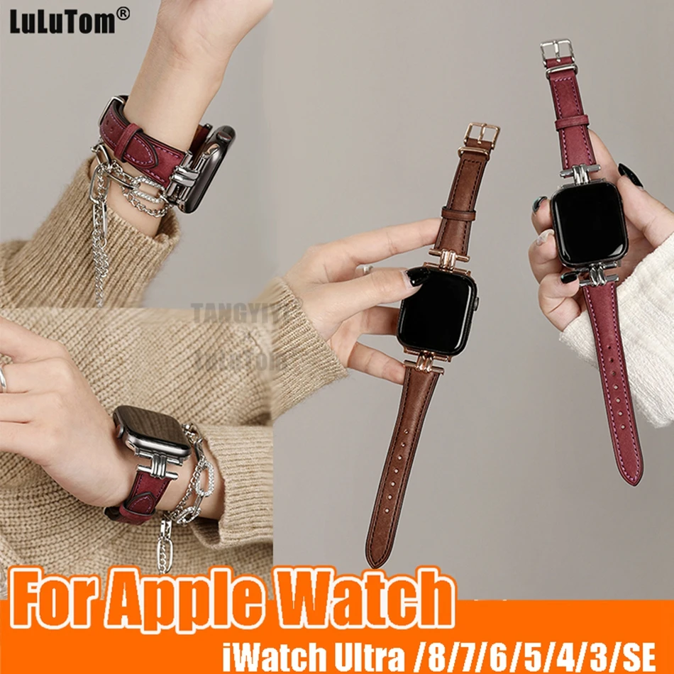 

Calfskin Leather Strap For Apple Watch Ultra 49mm 40mm 44mm 41mm 45mm 38mm 42mm Luxury Band Cover Bracelet IWatch 8 7 6 SE 5 4 3