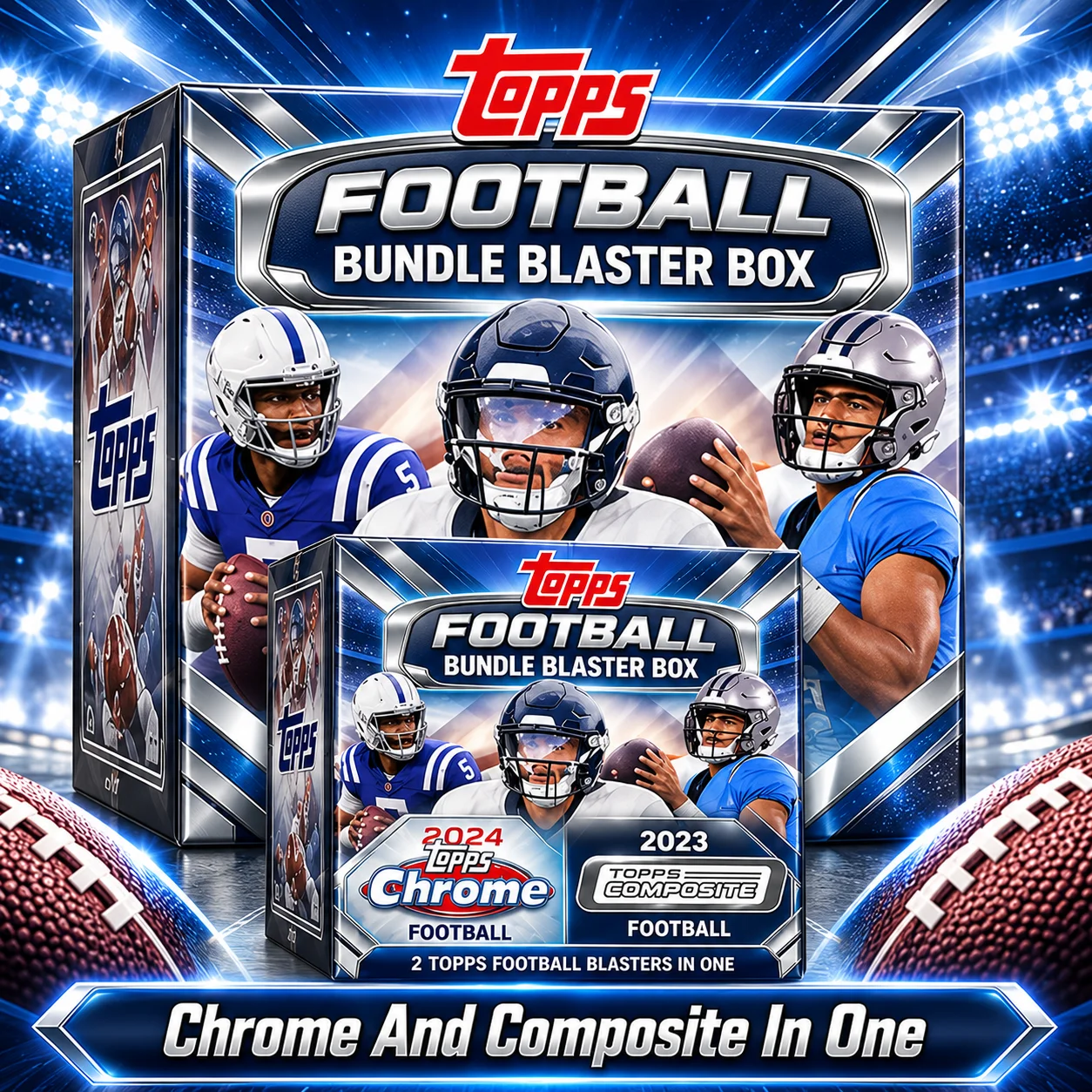 2024 Topps Chrome Football Blaster Box With 2023 Topps Composite Football Blaster Box, 68 Total Cards, Look for 7 Refractors And Parallels Plus 6 Inserts on Average