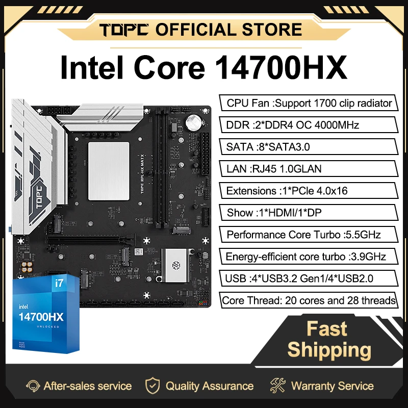 

TOPC Intel 14700HX Motherboard Kit with 20 Cores 28 Threads DDR4 Support 4 M.2 PCIe 4.0 NVMe 8 SATA PCIe X16 GPU DP and HDMI