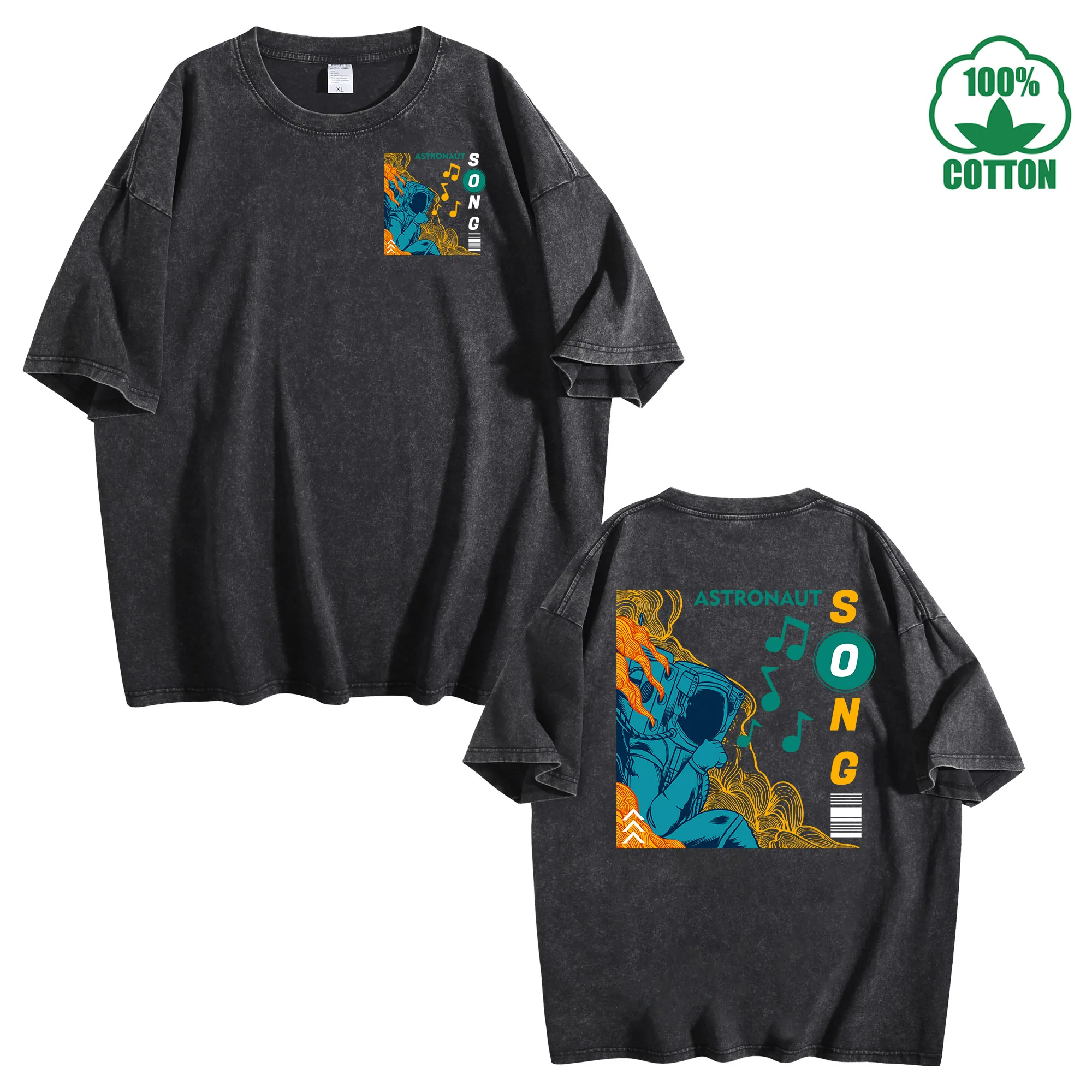 Astronaut Song Double-Sided Print Vintage Washed T-Shirt 230g 100% Cotton Comfortable Oversized Streetwear Unisex