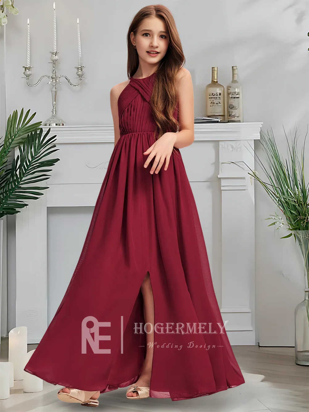 C Kids Child Scoop Neck Junior Bridesmaid Dress Merlot Communion Dress Floor-Length Chiffon With Cascading Pleats Wedding Party