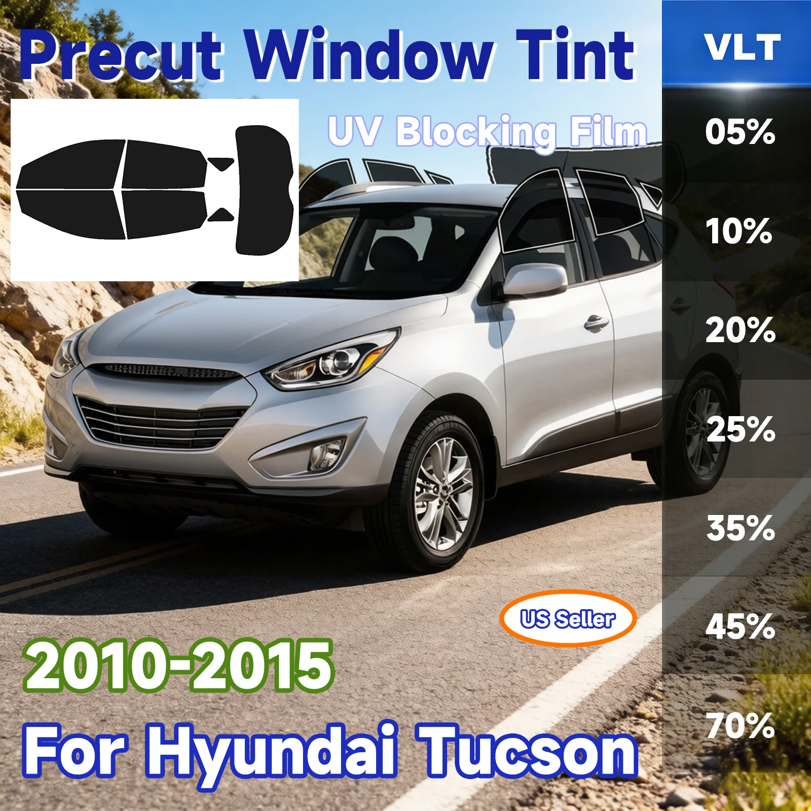

PreCut Window Tint Car For Hyundai Tucson 2010-2015 All Sides Sun UV-IR Blocking Heat & Glare 2Ply Window Protector Films Shade