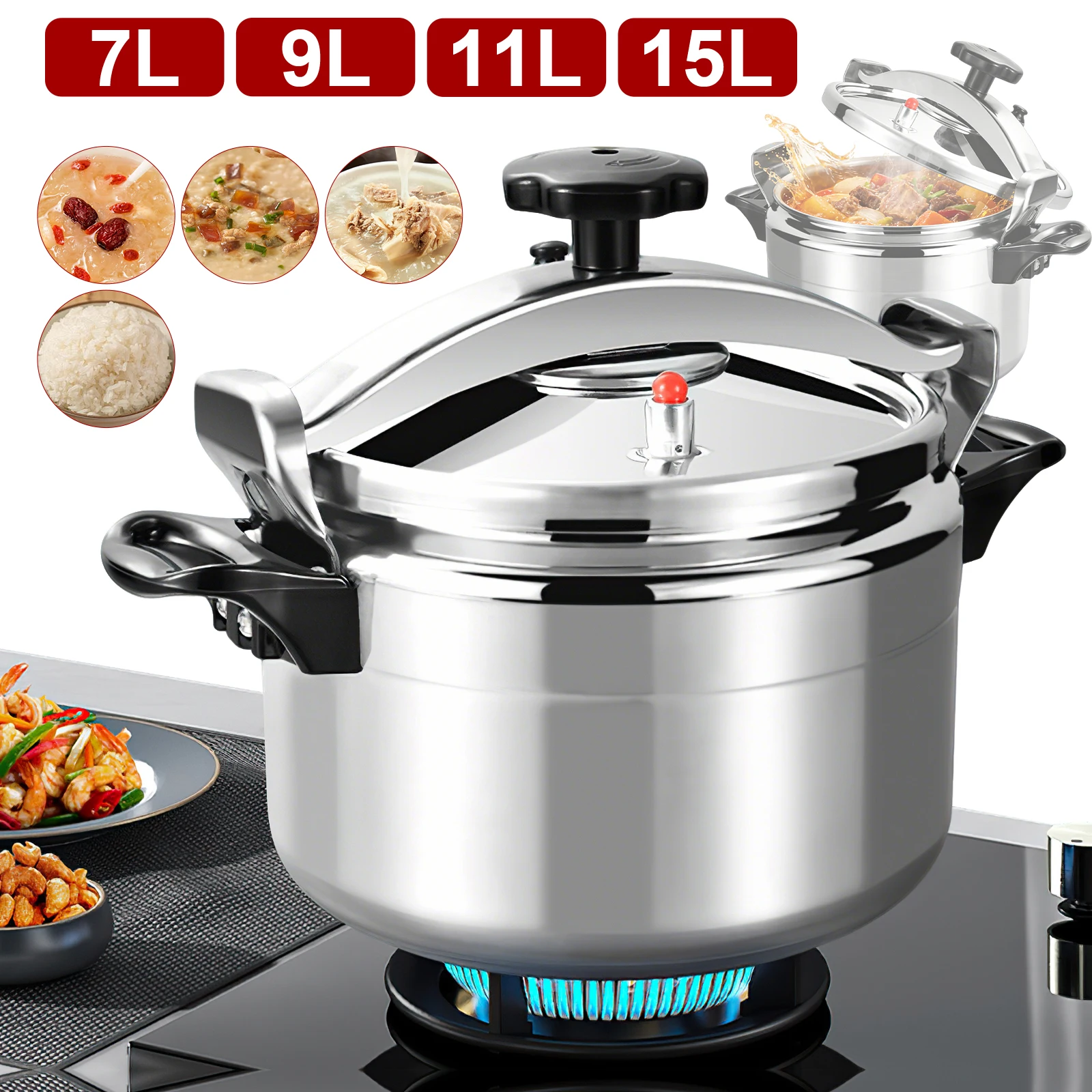 Olla a Presión Versátil de Aluminio con Capacidad de 9L/11L/15L/7L, Solo para Gas, a Prueba de Explosiones, con Tapa de Cierre Fácil