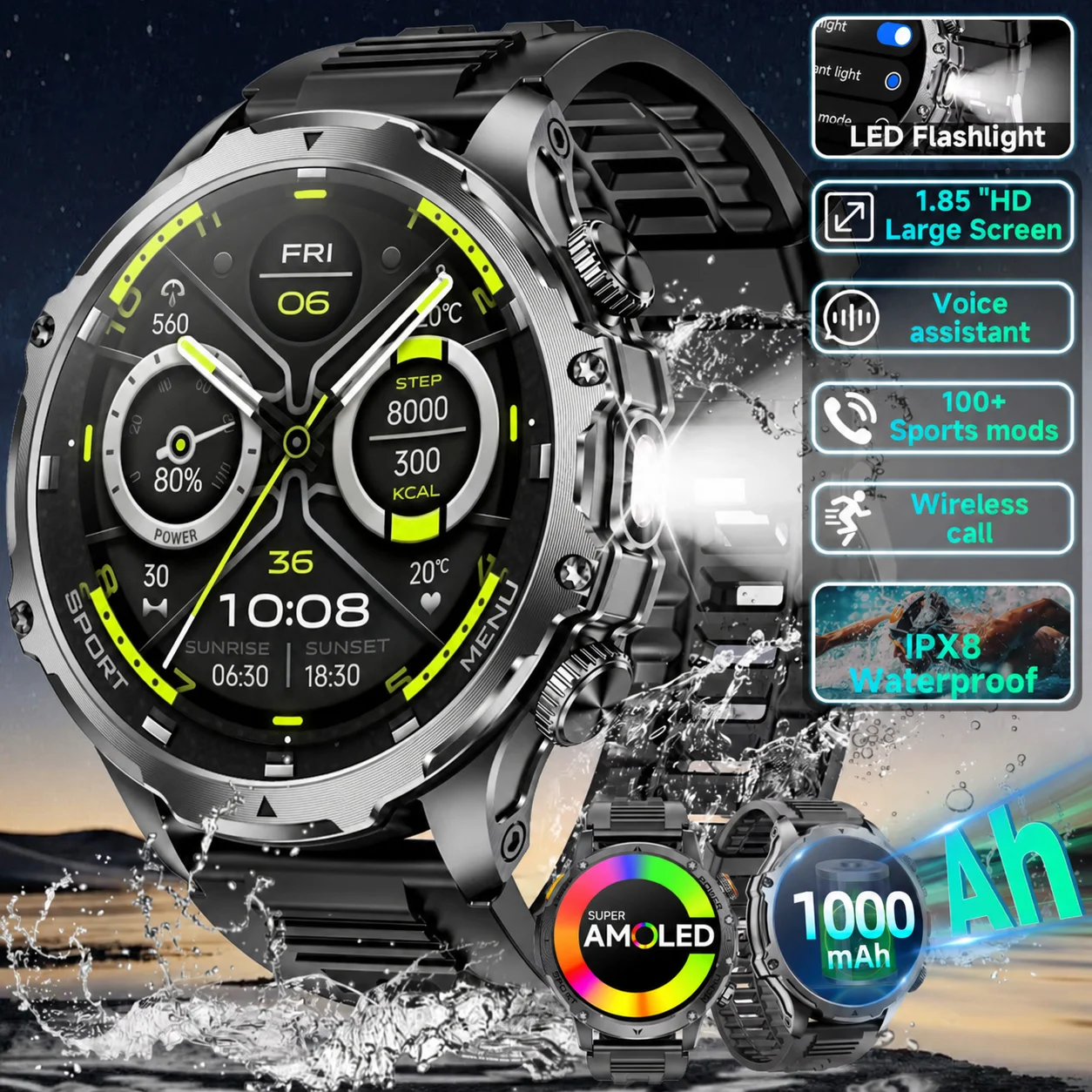 Montre connectée militaire homme 2026 écran AMOLED 1,85" batterie 1000mAh lampe de poche appel Bluetooth étanche IPX8 tracker fitness fréquence cardiaque 110 modes sport Android iOS
