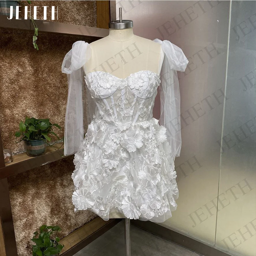 JEHETH Prom Vestidos Marfim Floral Mini Luxo Homecoming Ilusão 3D Flores Partido Spaghetti Straps Vestido de Noite فساتين للحفلات ا Vestidos de baile de formatura Ivory Floral Mini  Baile de Luxo com Ilusão de Flores 3