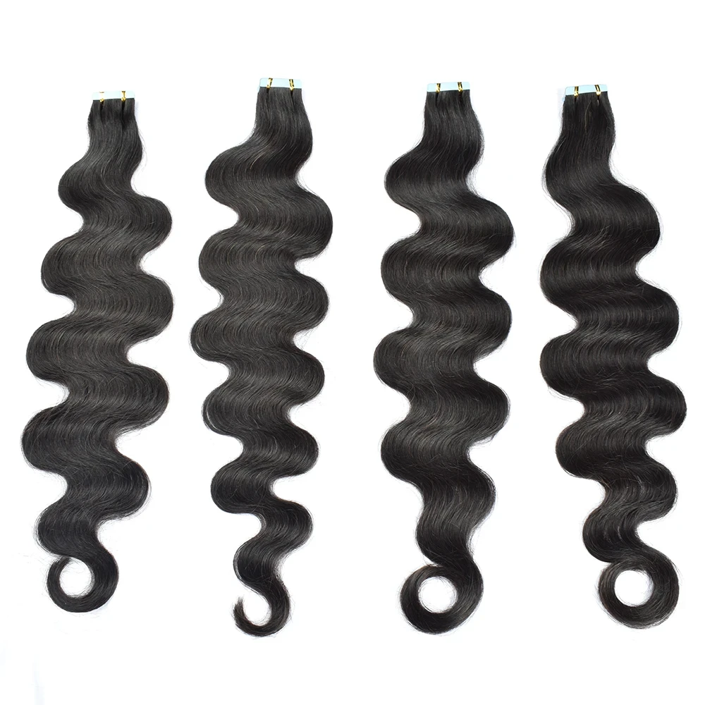 Extensões de cabelo humano para mulheres, Fita nas extensões do cabelo, Trama lateral dobro da pele, Cabelo humano real de 100%, Cor preta natural