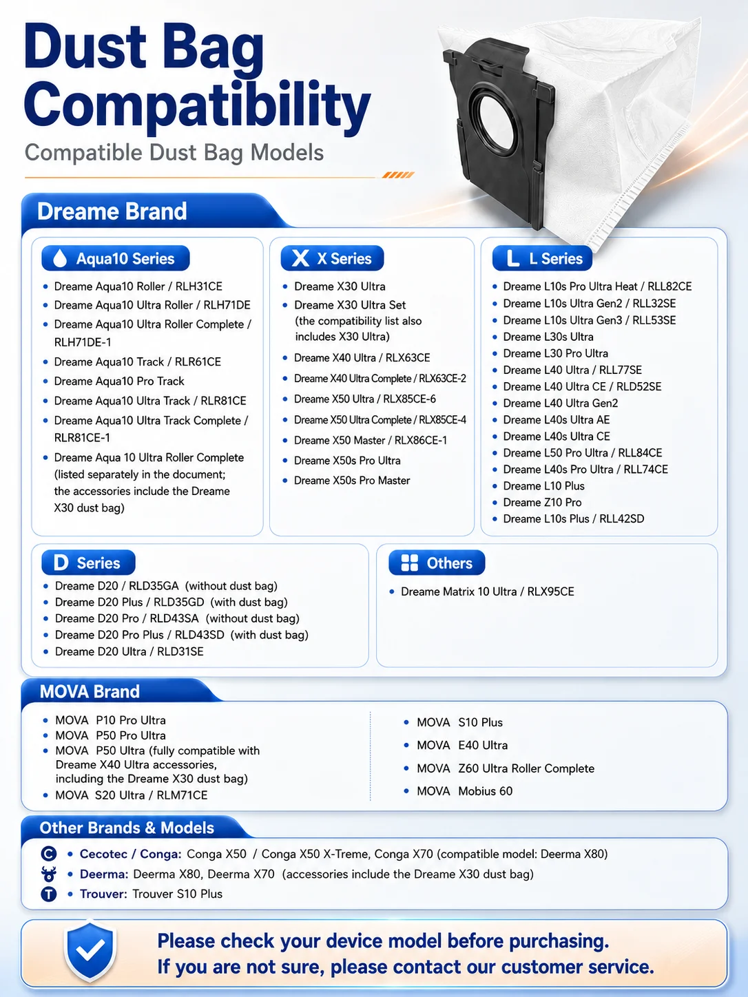 Dust bag Compatible For Dreame X30/X40/X50/L10s/L40 Ultra, MOVA P50 Ultra, Conga X50/X70, Deerma X80, Trouver S10 Plus,