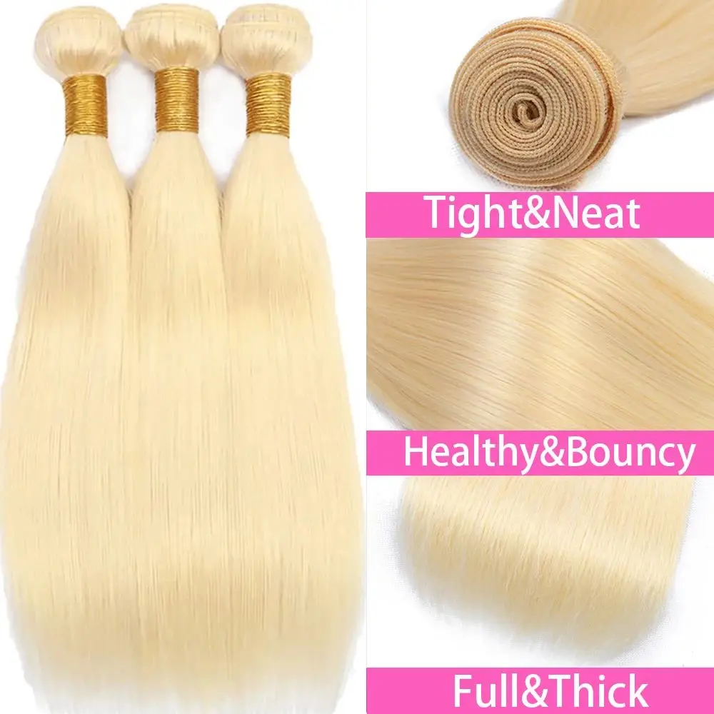 Bundles de cheveux humains raides blonds pour femmes, extensions de cheveux vierges, tissage de cheveux brésiliens, cheveux humains Remy, 3 faisceaux, 613