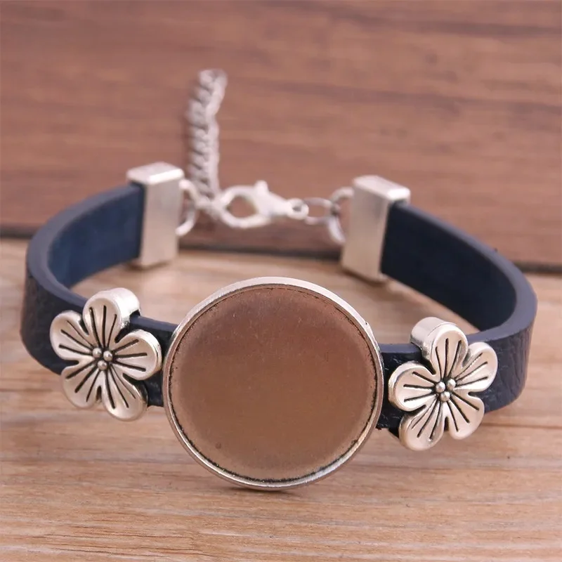 1szt 6 kolorów PU Bransoletka Srebrny kolor Kwiat Podstawa Ustawienie Mankiet Puste Tace Brazel Fit 25mm Szklana Cameo Dome Cabochon DIY Biżuteria — zdjęcie 2