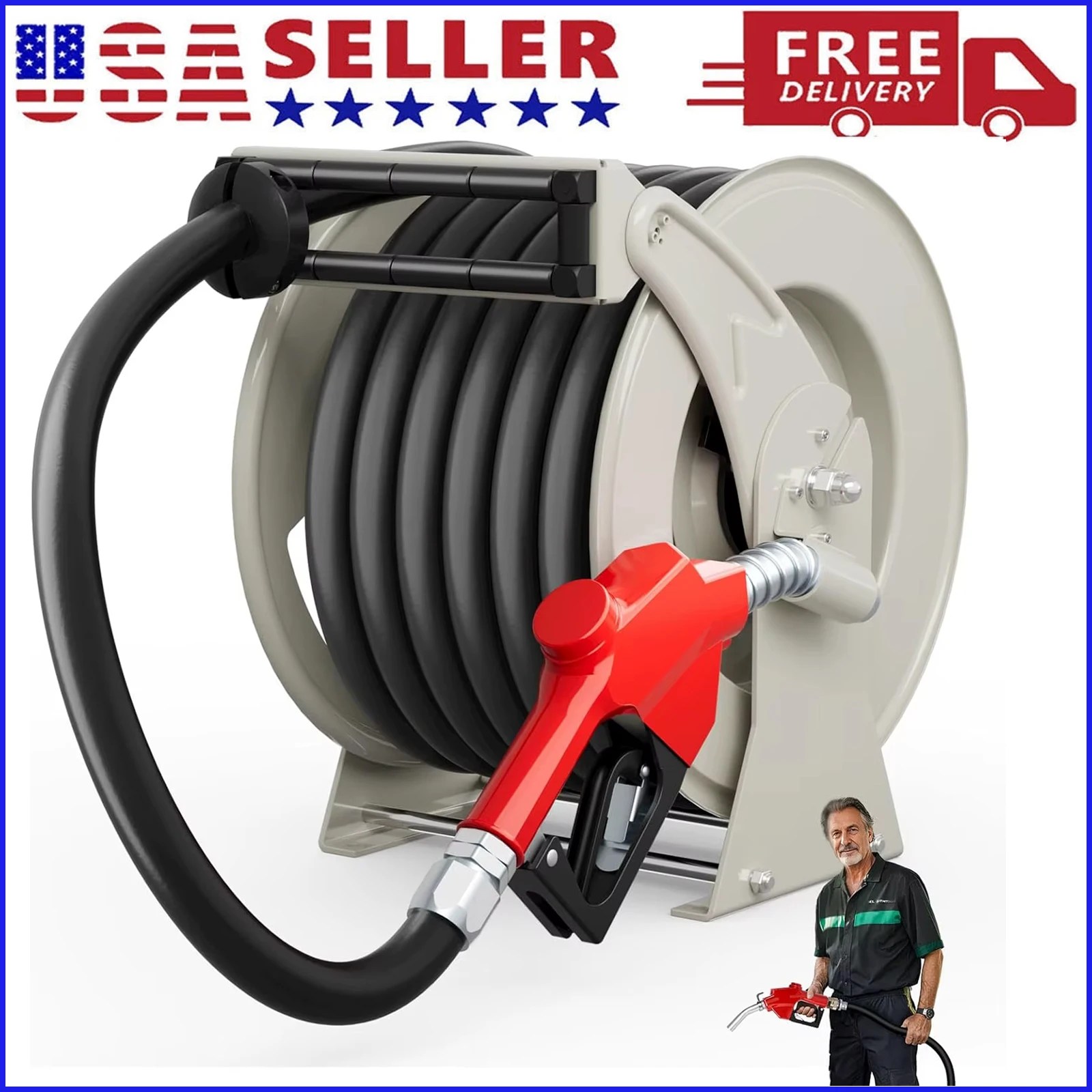 

Fuel Hose Reel with Fueling Nozzle 1 Inch x 50ft Diesel Fuel Hose Reel 300PSI Retractable Industrial Heavy Duty Swivel Steel