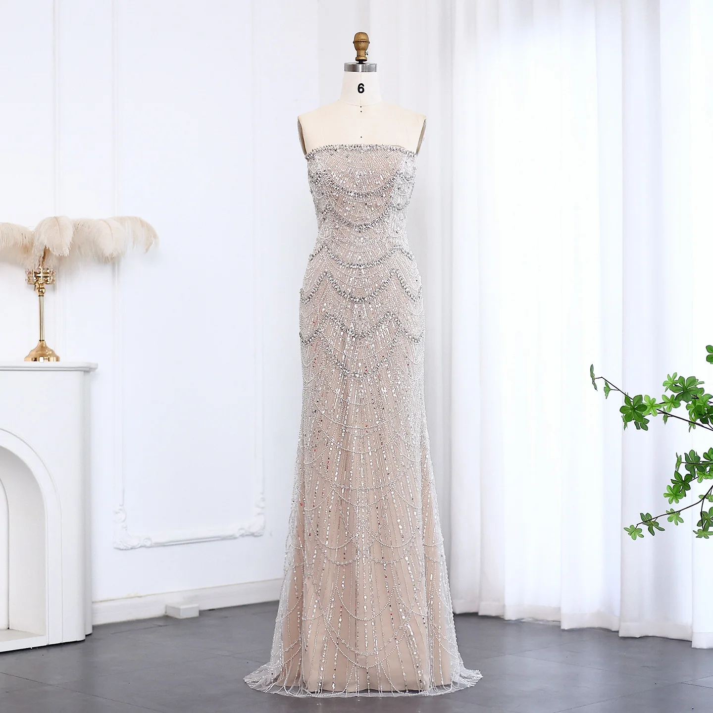 Sharon Said-vestido de noche sin tirantes para mujer, vestido de noche desnudo plateado con perlas de lujo para fiesta de boda, vestidos formales largos de Dubái SS681 personalizados