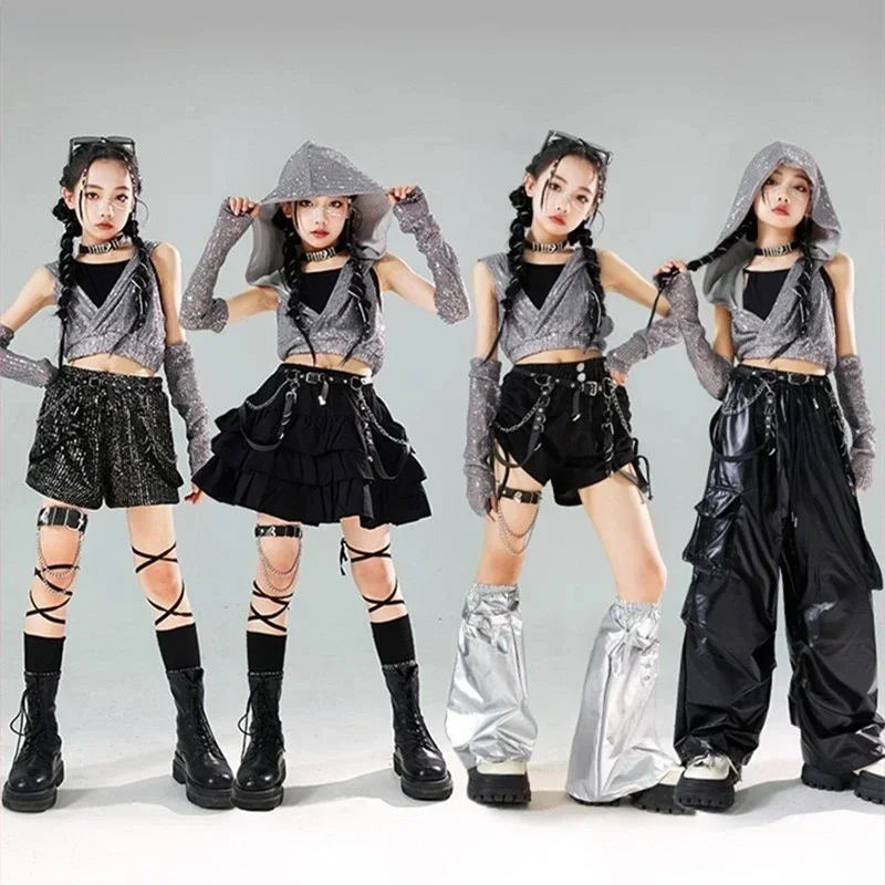 Meisjes K-Pop Lovertjes Crop Hoodies Streetdance Short Pu Lederen Cargo Broek Kids Hiphop Jazz Rokken Kleding Set Kinderkleding - afbeelding 2