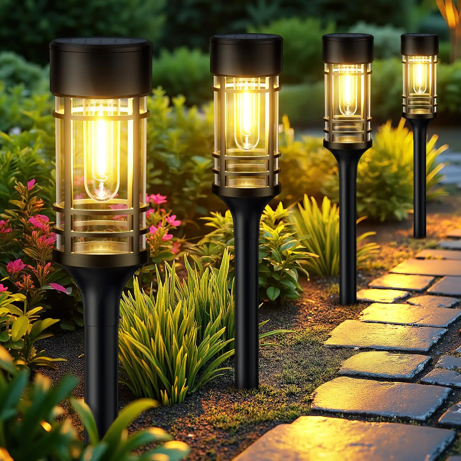 4er Set Solar-Wegeleuchten für Außen, IP65 wasserdichte helle Solar-Gartenleuchten, automatisch Ein-/Ausschaltende Außensolarleuchten für Hof, Gehweg, Einfahrt sowie Landschafts- und Gartendekoration