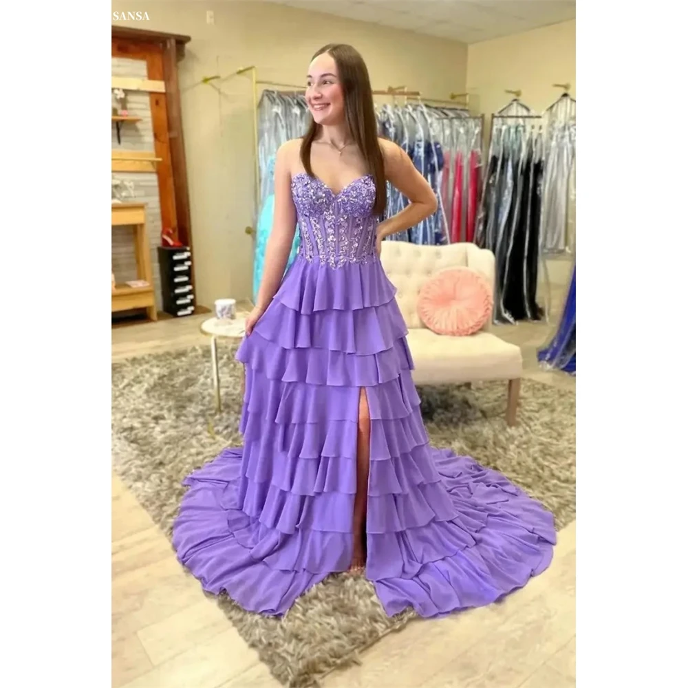 

Sansa Customized A-Line Purple Sweetheart Neck Side Split Prom Dresses Appliques Vestidos De Noche Floor-Length Formal Evening