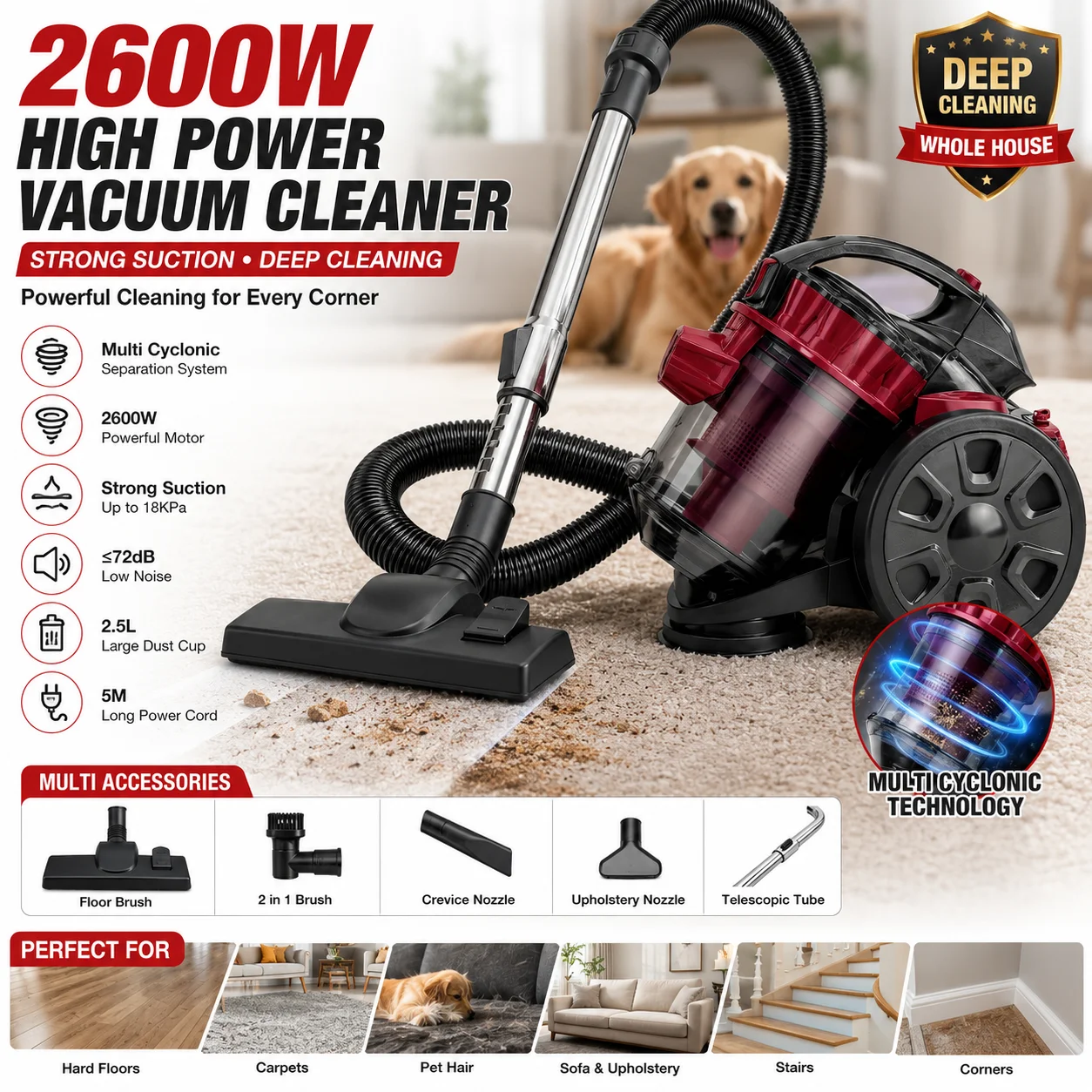 2600W Hochleistungs-Beutelloser Bodenstaubsauger mit Multi-Zyklon-Technologie, Starker Saugkraft, Leiser Kabelsauger für Hartböden, Teppiche, Tierhaare, Staub, Sofa, Haushalt, Tiefenreinigungsmaschine