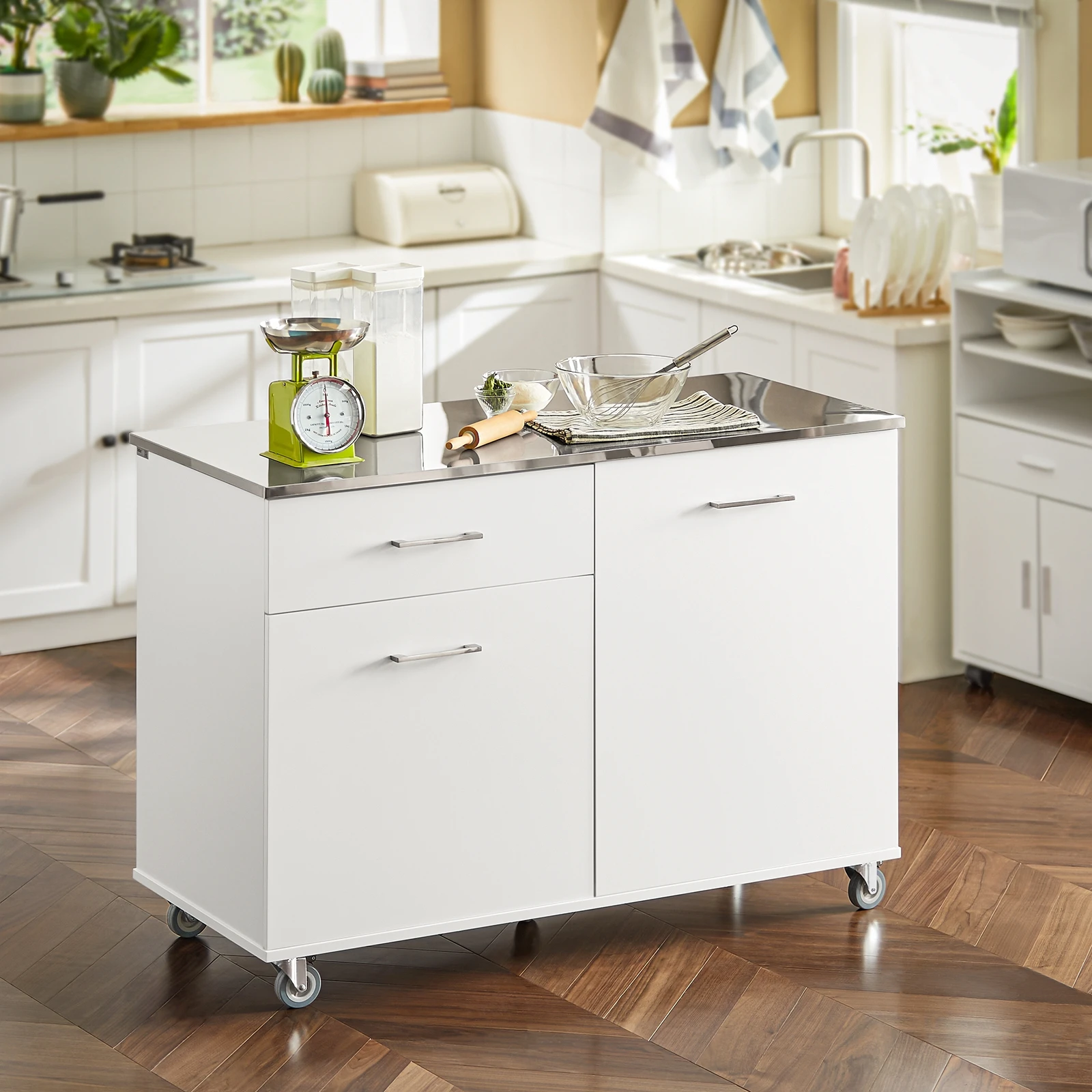 SoBuy FKW117-W Isla de cocina con rodillos con placa de trabajo de acero inoxidable Carro de barra con 1 cajón Blanco 120x90x56cm