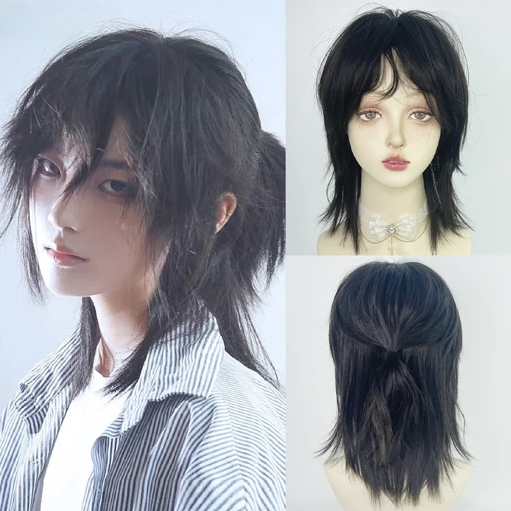 VICWIG Mullet Head Wig Short Synthetic Straight Black Fluffy Natural Wolf Tail Hair Peruka męska i damska na codzienną imprezę Cosplay — zdjęcie 2