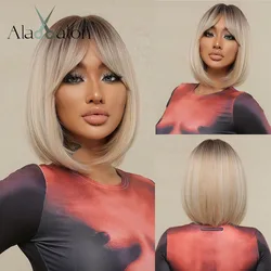 ALAN EATON Platinum Blonde Synthetic Wigs for Women Hihlight Short Straight Bob Wig with Bangs Daily/Party Hair Heat Resisitant