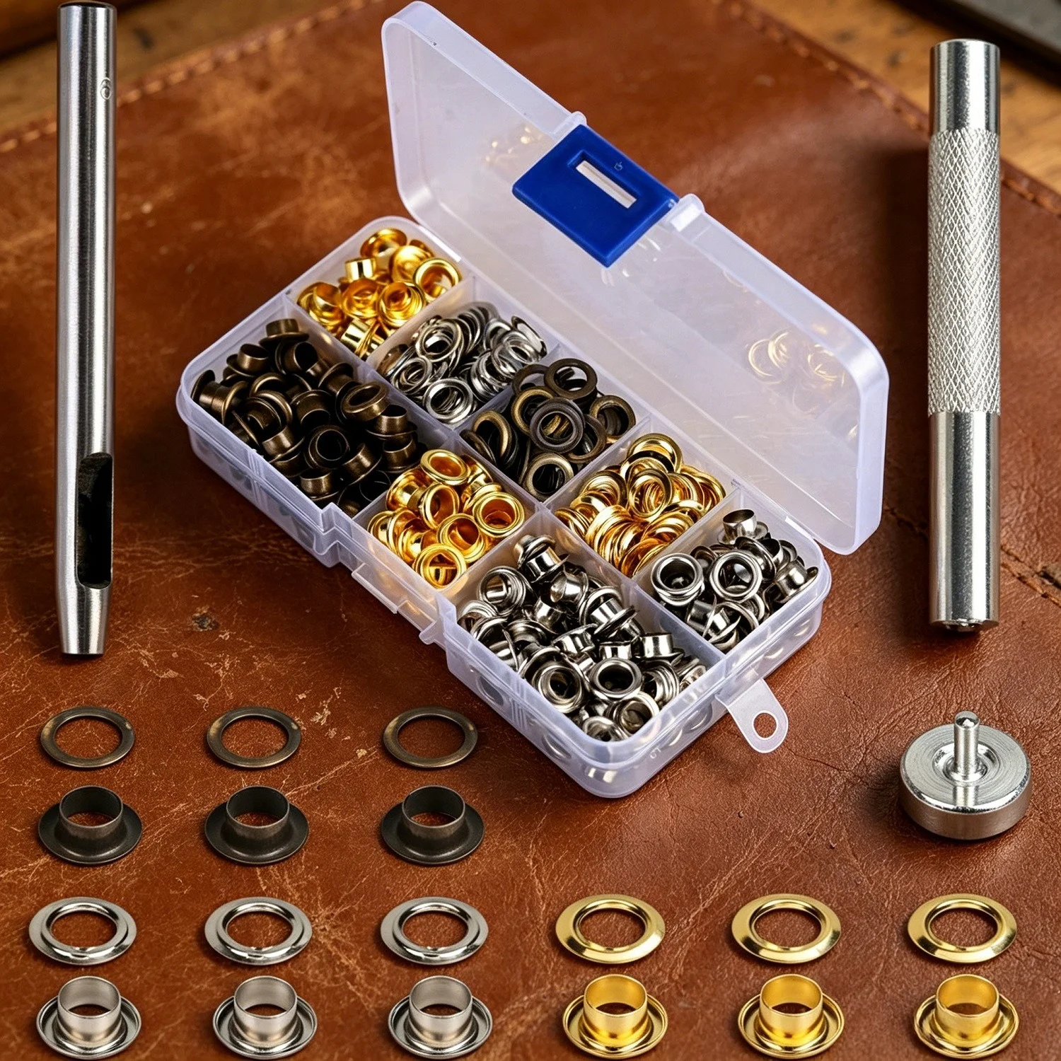 1/4 Zoll (6 mm) Leder-Ösen-Set, 204-teiliges Metall-Ösen-Set mit 3 Ösen-Setzwerkzeugen, Ösen und Lederösen für Leinwand, Gürtel, Taschen, Schuhe, Kleidung, Bastelarbeiten, DIY - 3 Farben