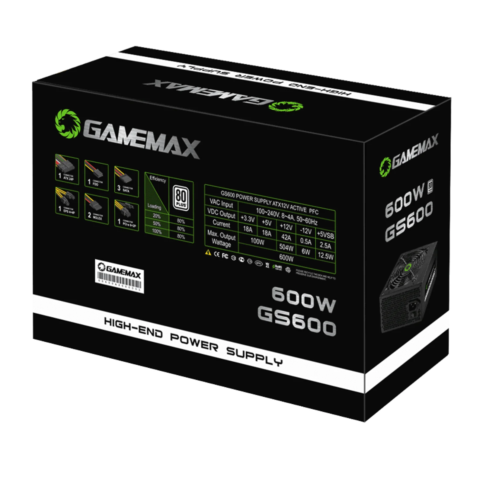 Fonte Gamemax GS600, 600W, 80 Plus White, PFC Ativo, Black