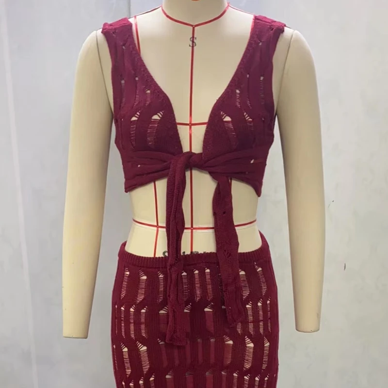 Robe de plage longue pour femmes, 2 pièces, tricotée, Cover-Up pour Bikini, Sexy, ajouré, décolleté en V profond, haut court et jupe taille haute, jupe portefeuille, maillot de bain au Crochet