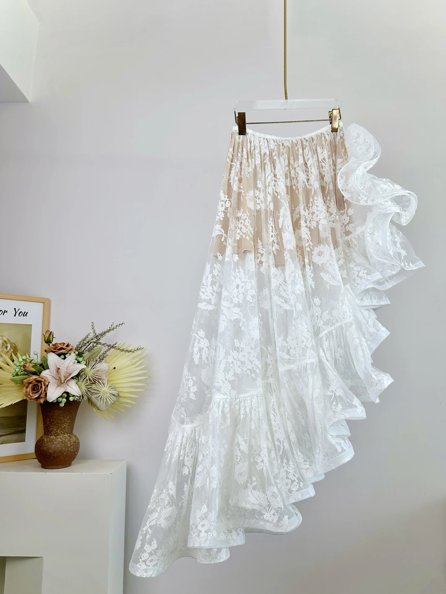 

2025 Summer Fashion Style: Zimmerman White Mini Skirt for Women with Lace Cutout Ruffles and Elastic Waist