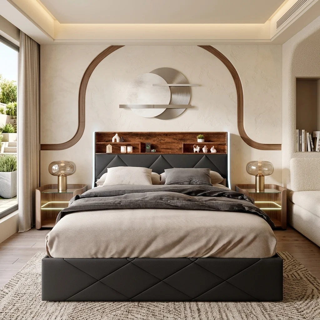 Superaly Cama hidráulica con almacenamiento de 140×200 cm y carga USB, cama doble con luces LED, diseño de cabecero con almacenamiento, tela de PU negra con patrón quemado