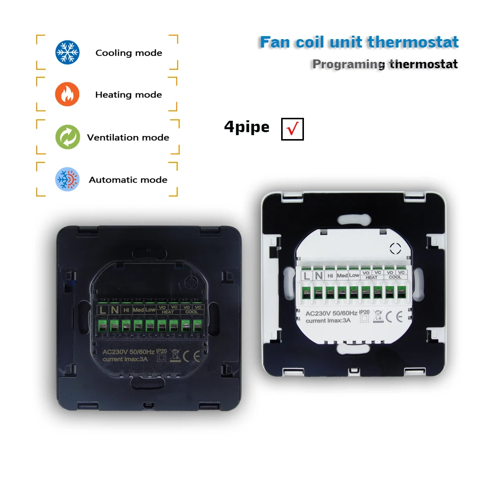 Air conditioning programming thermostat 2 pipes 4 pipes Fan coil thermostat for heating and cooling 95-230VAC