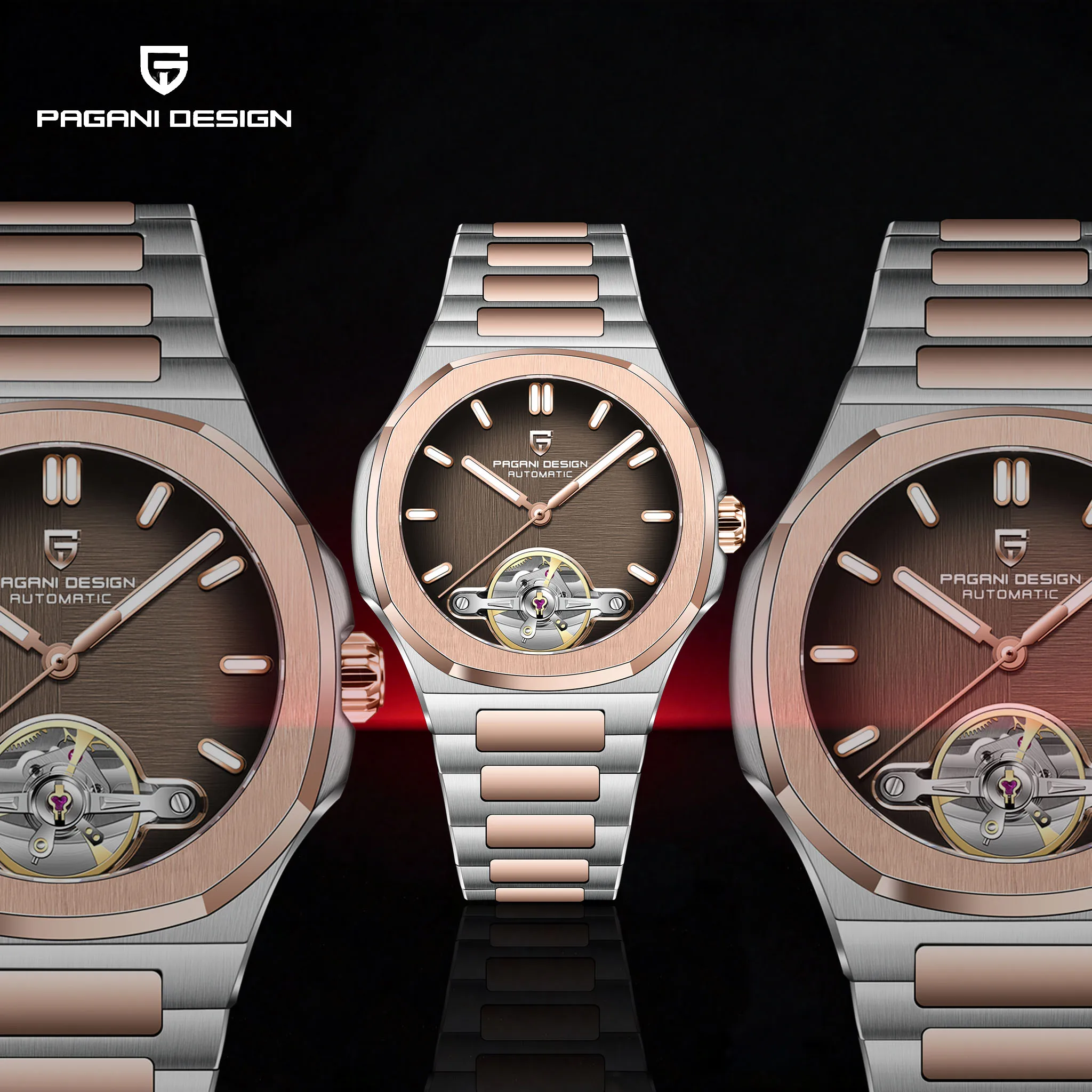 2026 PAGANI DESIGN Luxury Elegant Men's Automatic Mechanical Watch Two Tone Rose Gold Sapphire Tourbillon Diving Watch For Gift