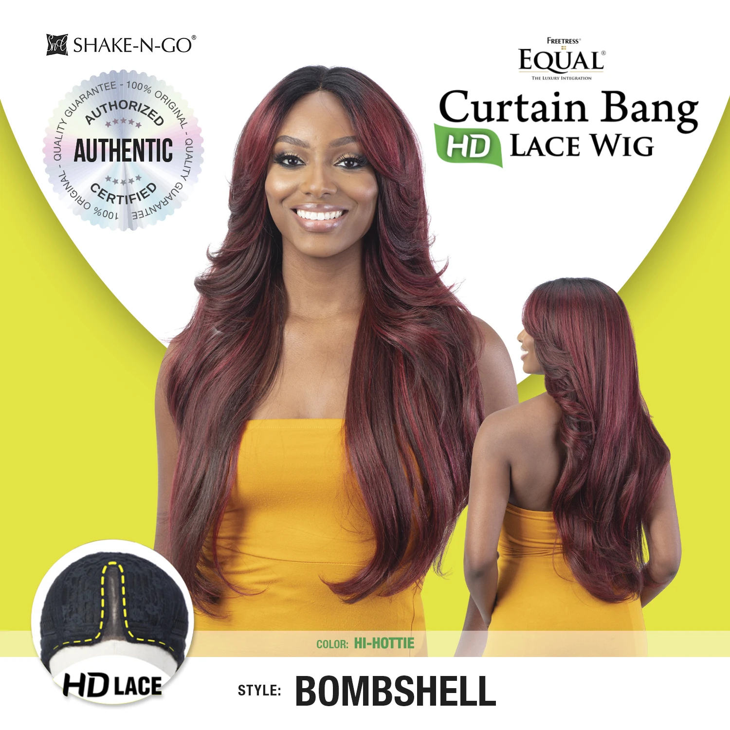FreeTress Equal Curtain Bangs HD Lace Front Synthetic Wig Bombshell - Long Layered Blow Out Style, Glueless, Easy to wear