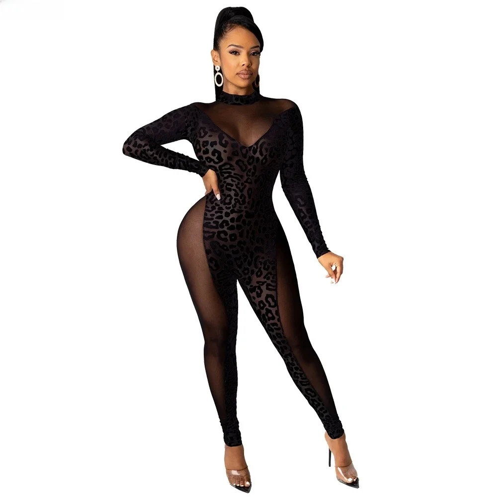 Kobiety Sexy Sheer Mesh Patchwork Black Leopard Jumpsuits See Through Long Sleeve Skinny Romper One Piece Night Club Party Outfits — zdjęcie 2