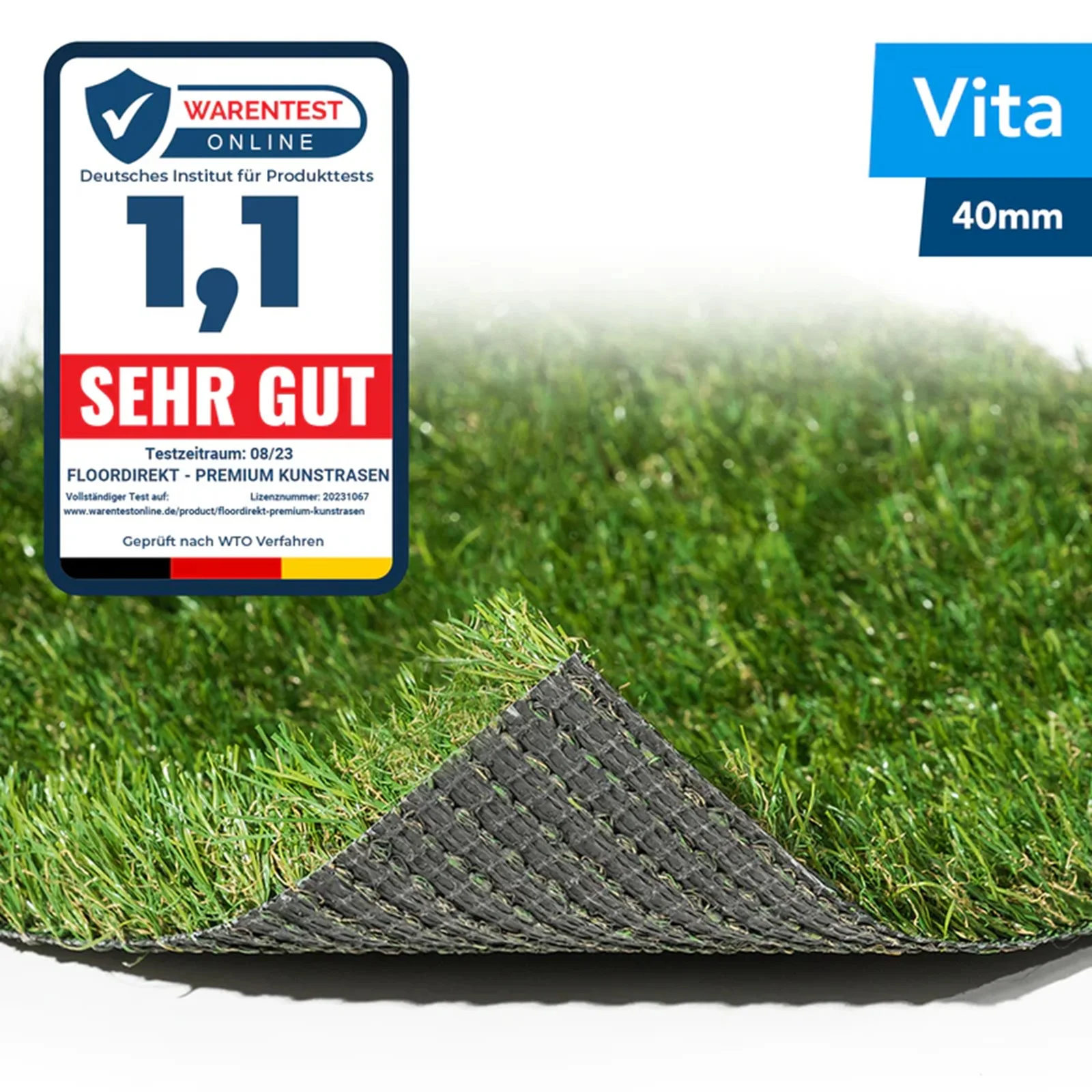 Floordirekt Kunstrasen Vita 200cm Breit | 40mm Polhöhe | Hochflor Rasenteppich Luxus für Garten & Terrasse | UV-Beständig & Wetterfest | Weicher Rasenersatz Meterware | Bleifrei & Tierfreundlich |