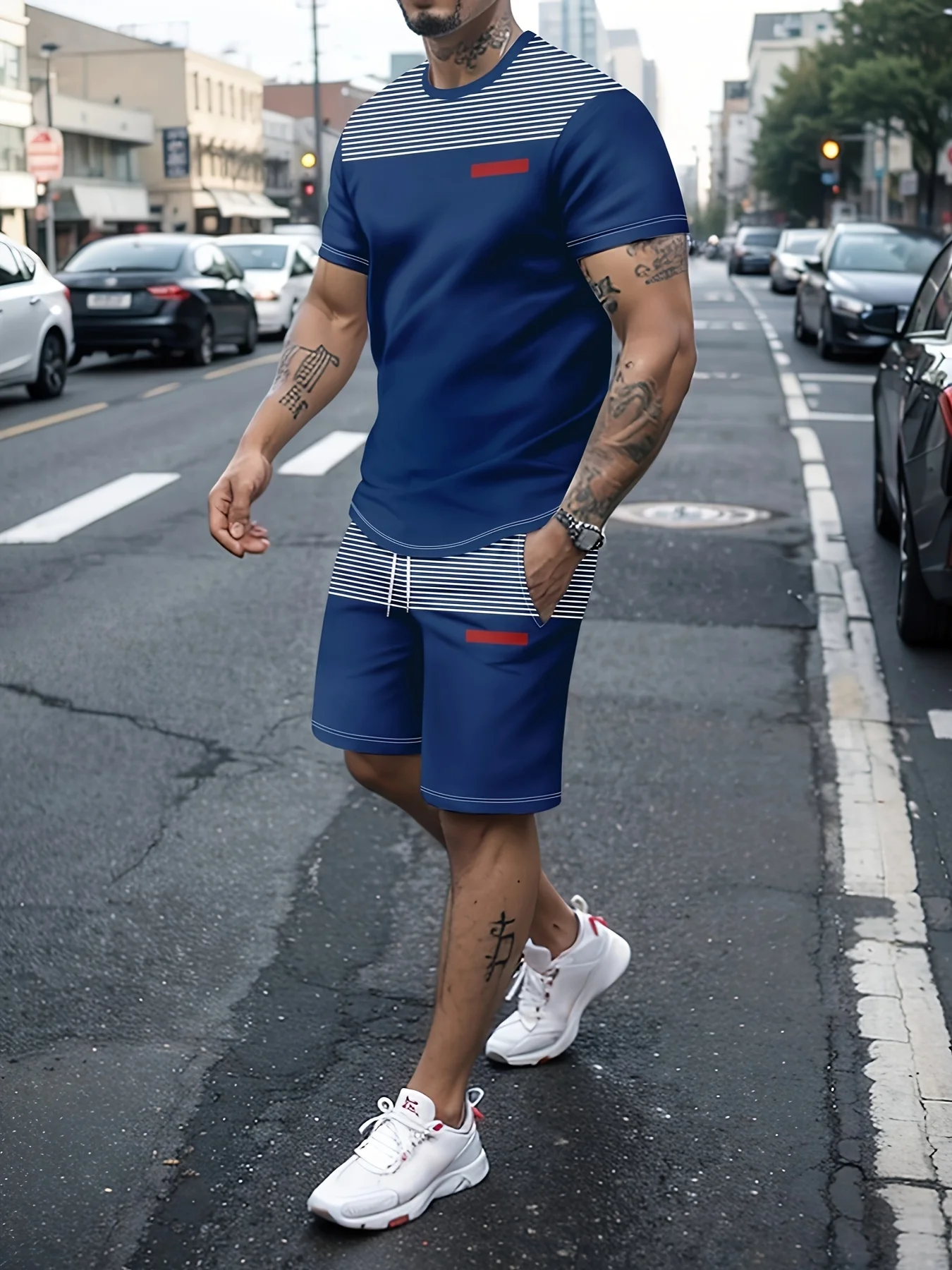 Fashion Stripe Printed Men T-shirt Set Male Casual Handsome Streetwear 2 Piece Set Clothes Fashion Casual Oversized Tracksuit
