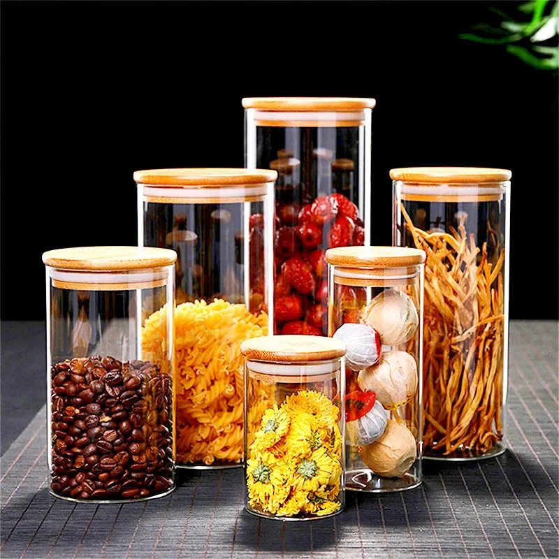 Kwadratowe szczelne produkty szklane słoiki pojemnik z bambusowa pokrywka do kuchni do jedzenia przekąska przyprawa Pasta butelka do przechowywania uszczelka szklany pojemnik — zdjęcie 2