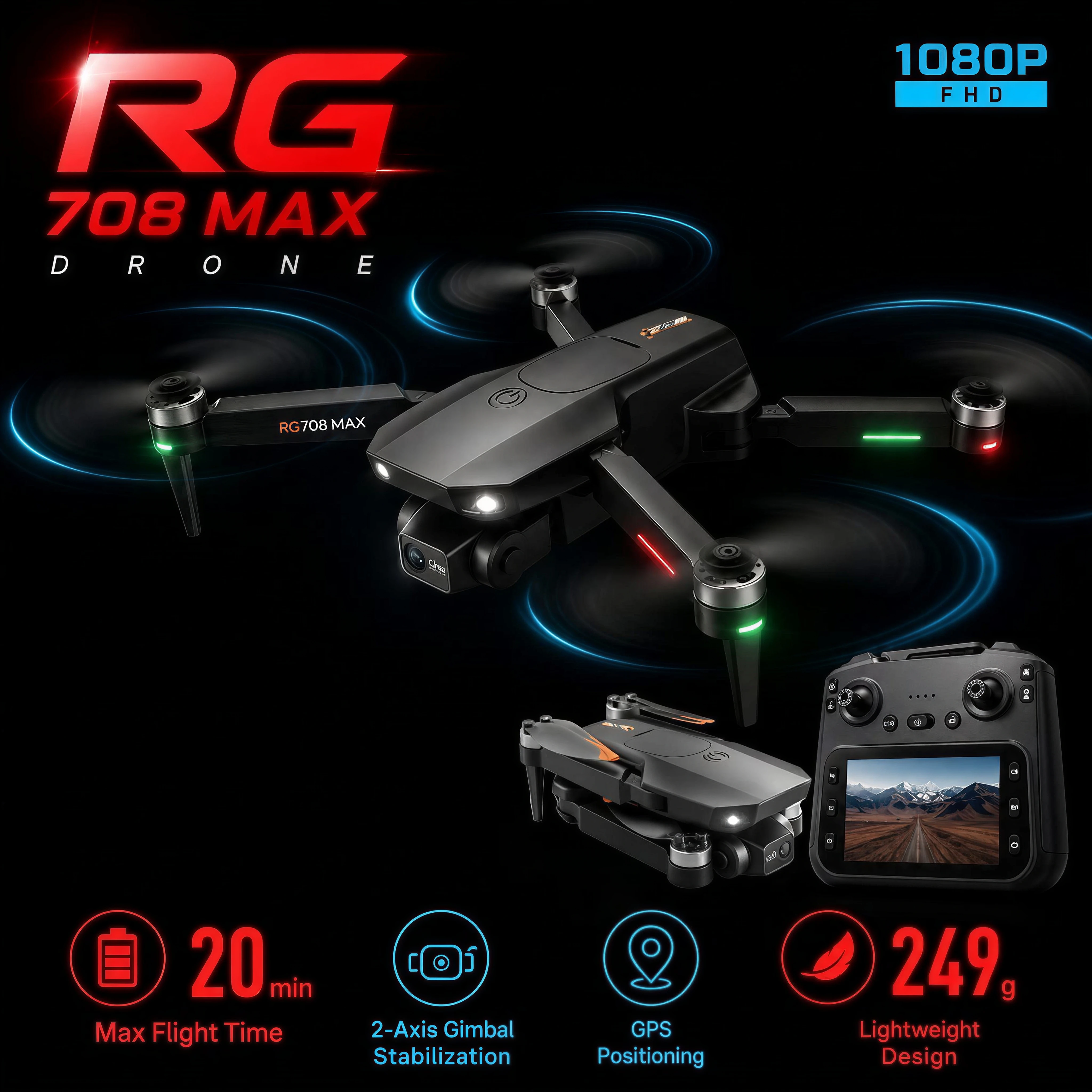 GPS Drone with 5G WiFi,RG708 Foldable Quadcopter,Ultra 1080P FHD Camera 2-Axis Gimbal,Auto Return Home,3800mAh 25Min Flight