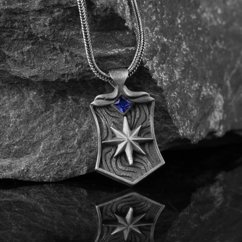 925K Sterling Silver Compass Necklace, Oxidized Pendant With Sapphire Gemstone, Trendy Jewelry, Vintage Style Gift For Lovers