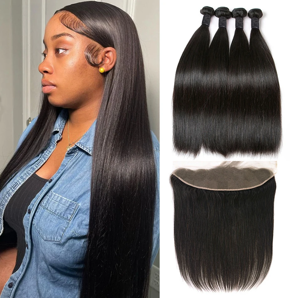 

Straight Hair Bundles With Frontal Silk and Smooth Straight Human Hair Bundles With Frontal Closure Remy Hair Weave Extensions