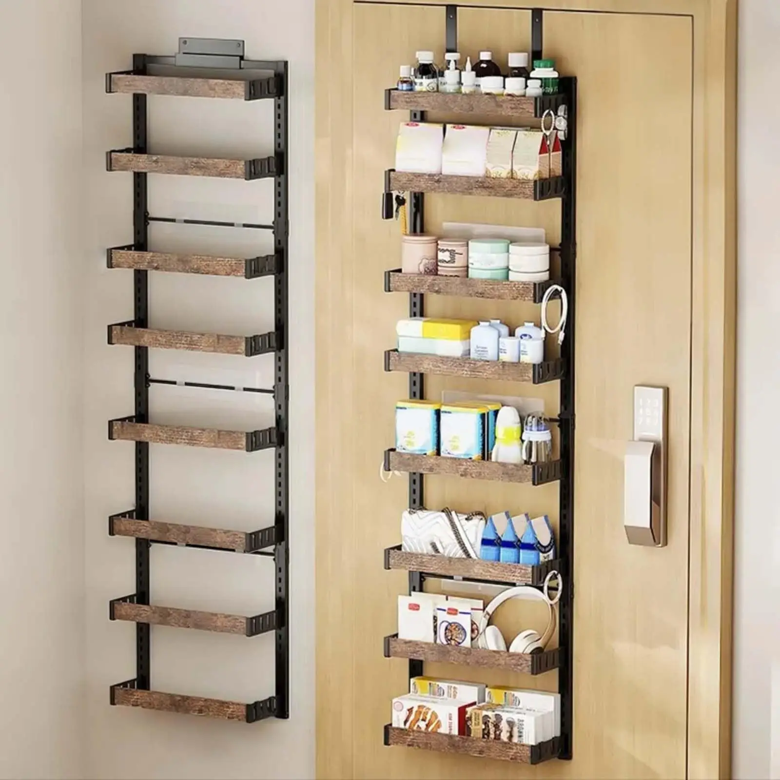 8-stöckiges Metall-Türregal-Organizer - Verstellbare Hängekörbe, Höhenverstellbar, Ohne Bohren - Ideal für Küche, Vorratskammer, Kleiderschrank und Badezimmer - Einfache Montage - Farbe