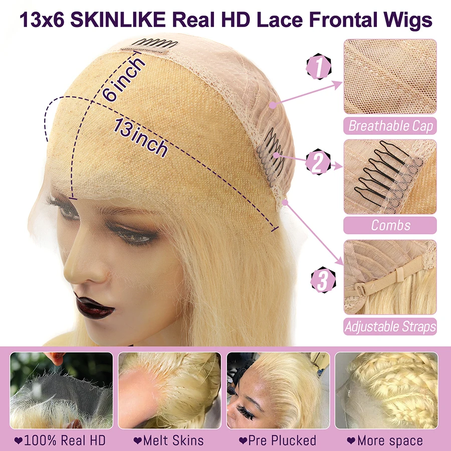 32 Zoll 250% 13x6 HD Lace Frontal Perücken, Hautähnliche Natürliche Kopfhaut, 613 Blond, Body Wave Perücke, HD Lace Closure Echthaarperücken, Kleberlos – Detail 11