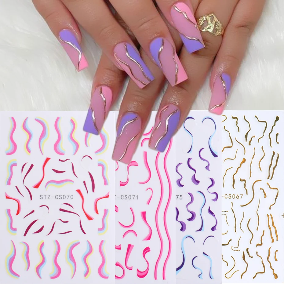 3D Goud Roze Nail Stickers Abstract Swirl Golf Lijn Regenboog Streep Grafische Slider Franse Tips Nail Folie Decoratie NLSTZ-CS070