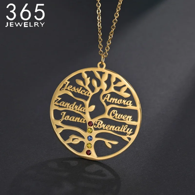 Collar personalizado con nombres familiares para mujer, colgante de acero inoxidable con nombre personalizado, árbol de la vida, 1-6 nombres, piedra natal, regalo de cumpleaños