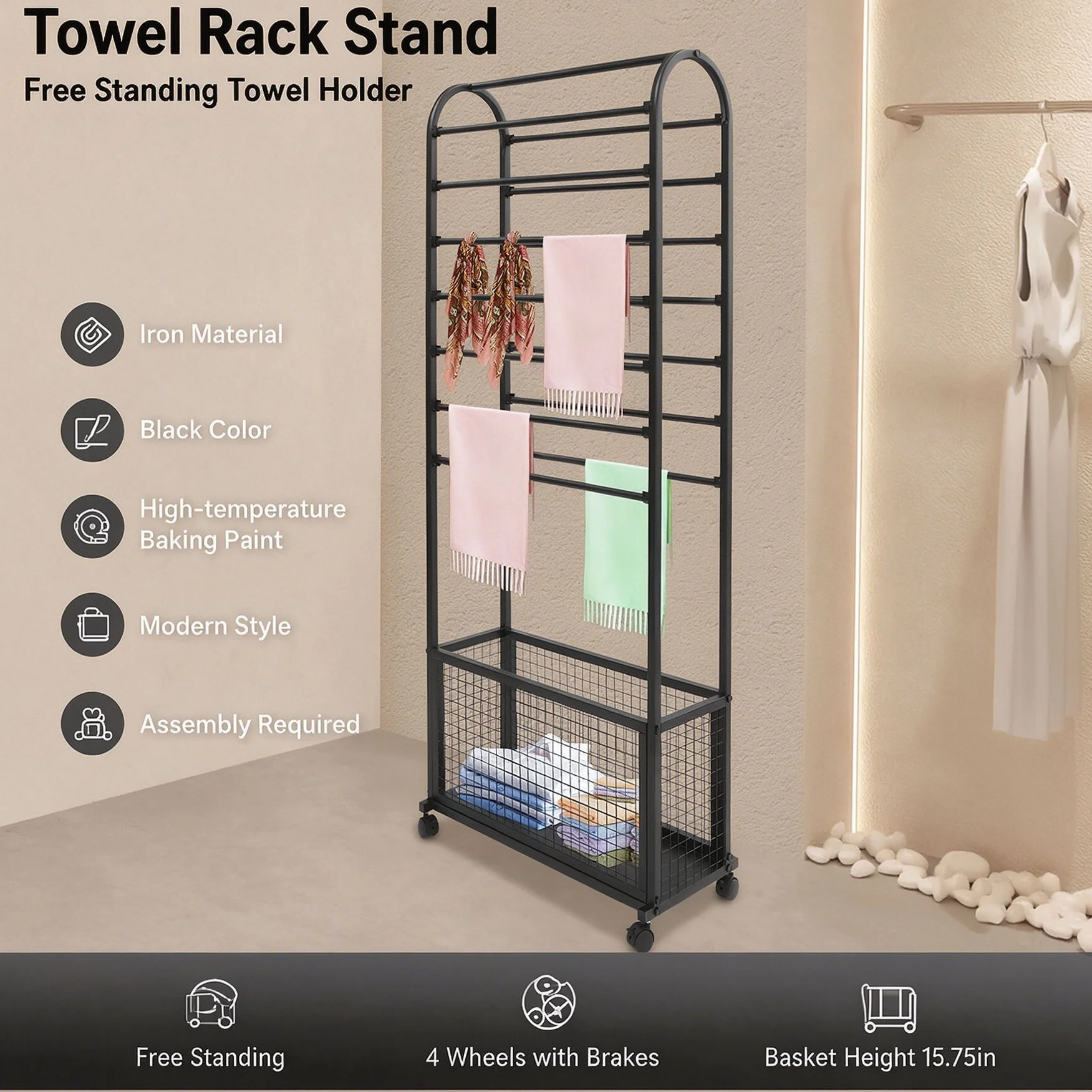 27.56*11.81*64.96in Black Iron Ribbon Holder Organizer Rack, Ribbon Holder With 4 Wheels, Large Capacity Ribbon Stand Organizer