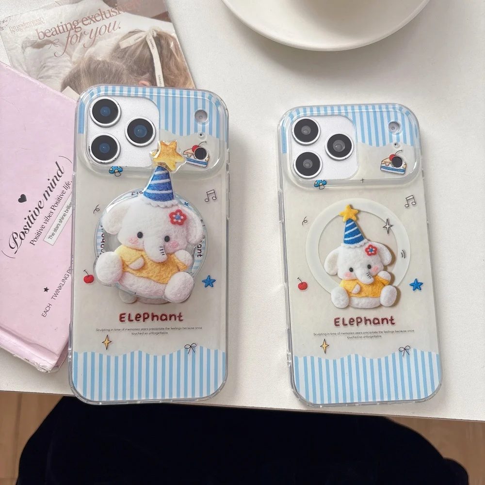 

Cute striped plush star hat little elephant for magnetic holder mobile case,suitable for iPhone14/15/16/17ProMax,protective case