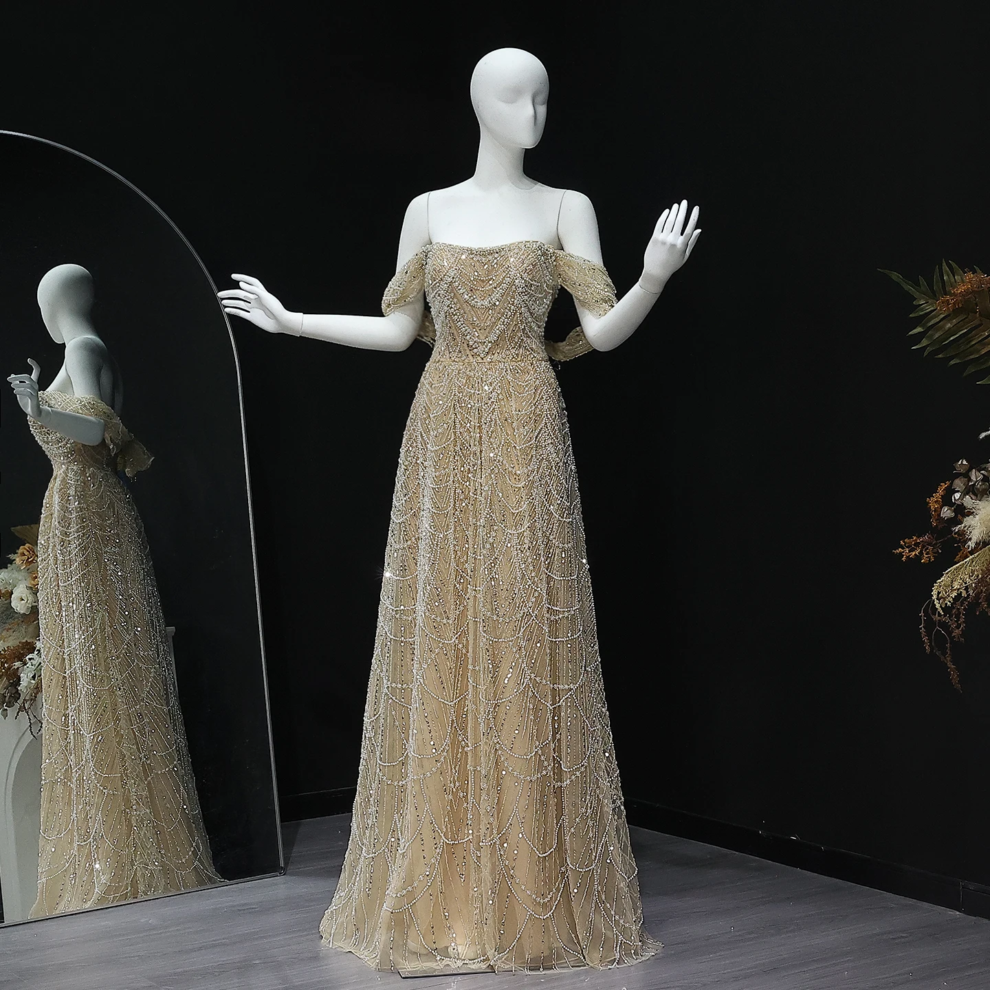 Sharon Said Luxuriöses Arabisches Perlenbesetztes Nude-Abendkleid für Dubai-Hochzeit, Schulterfrei, Übergröße, Formelle Partykleider SS676 Maßanfertigung – Detail 10