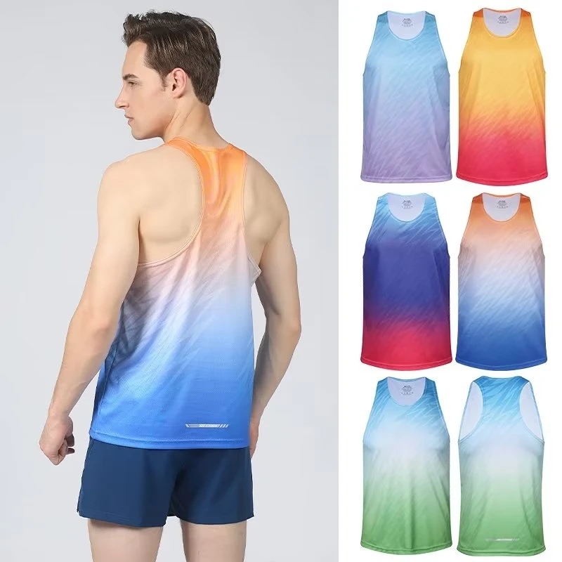 Gradient Color Sports Marathon Singlet for Men High Quality Quick Dry Gym Fitness Running Tank Tops Man Exercise Training Vest