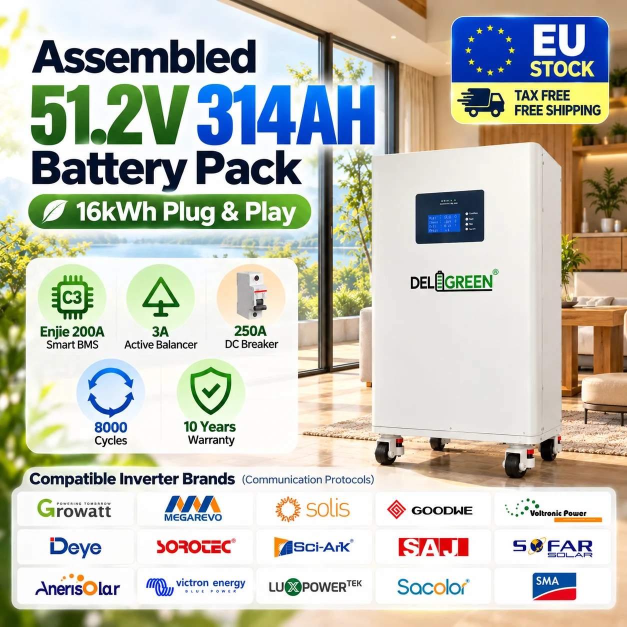 EU Stock Assembled Lifepo4 Battery 51.2V 314AH 16kWh GradeA 8000 Cycles 3A Active Balancer 250A DC Tax Free DDP Home Solar