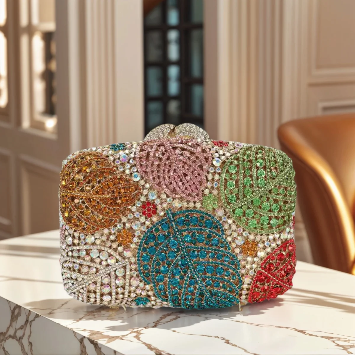 

Women Colorful Leaves Rhinestone Bag Glitter Crystal Clutch Purse Wedding Handbag for Evening Prom Party
